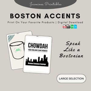 Puede incluir: Descarga digital de refranes con acento de Boston, incluyendo la frase "Chowdah - New England Clam Chowder". El diseño presenta una silueta negra del horizonte de Boston con el texto "Boston Common Sayings".
