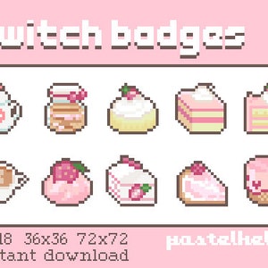 Puede incluir: Un conjunto de nueve insignias de Twitch en pixel art de color rosa pastel y blanco que representan varios postres, incluyendo una tetera, un tarro de mermelada, una rebanada de pastel, un cupcake y una galleta. El texto "twitch badges" está en la parte superior de la imagen, y el texto "18x18 36x36 72x72 instant download pastelhello" está en la parte inferior de la imagen.