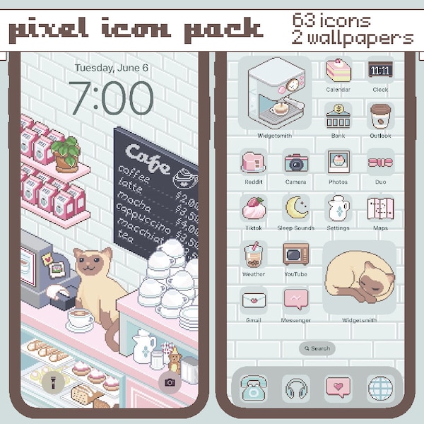 Cat Cafe 63 Pixel App Icon Pack dla iOS / Androida