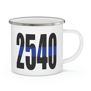 Personalized Police Thin Blue Line Enamel Camping Mug with Badge Number, Police Gifts