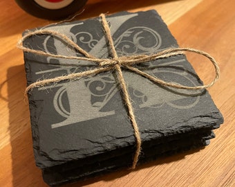 Personalized Slate Coasters, Monogram Engraved Coaster Set of 4