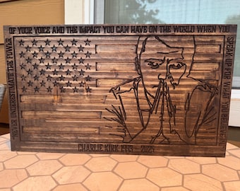 CNC Carved Walnut Stain Charlie Kirk Memorial Flag Plaque