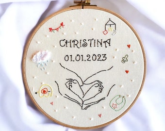 Custom Baby Embroidery Hoop Art 10" Name & Date Handmade Wall Hanging