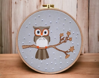 Owl Embroidery Hoop Art ; 7", 8.5" & "10" Design of Owl Standing on a Tree, Handmade  Housewarming Gift Idea