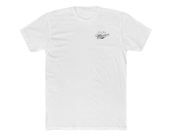 May include: White short-sleeved t-shirt with a black graphic of mountains and the word "Merica" in a vintage style font.