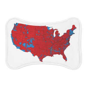 May include: A map of the United States showing the results of an election. The map is divided into red and blue counties, with red representing the winning candidate and blue representing the losing candidate.