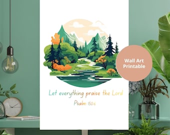Landscape Watercolor Christian Digital Wall Art Home Decor, Christian Gift, Christian Ministry Office Church Psalm 150:6