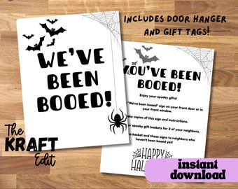 Black and White Spider You've Been Booed Game Printable Template, Neighborhood Halloween Game, We've Booed Gift Tags Door Hanger