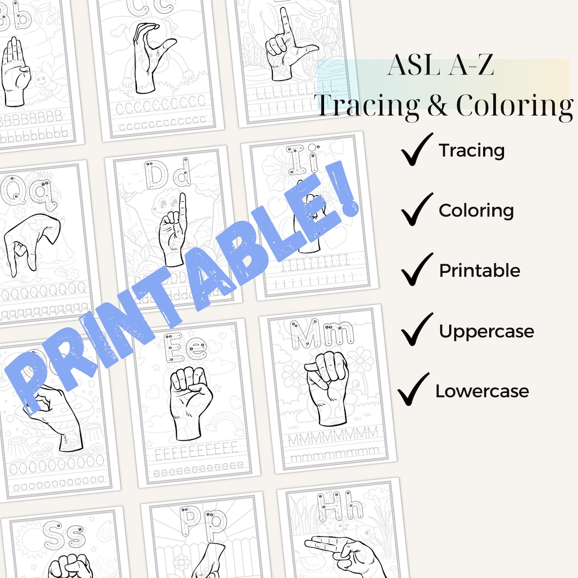 ASL Tracing Worksheet Alphabet Printable Uppercase & Lowercase Letters ...