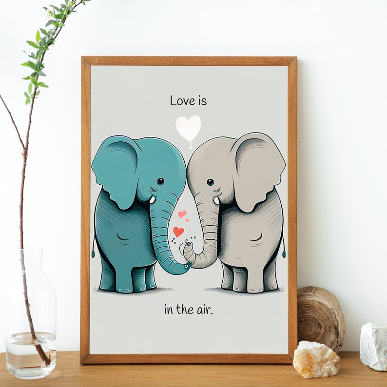 Adorable Elephant Couple in Love Digital Print - Wall Decor, Nursery ...