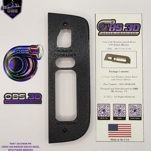 May include: Black plastic window switch bezel for a Ford F250 or F350 truck. The bezel is designed to fit trucks with power mirrors and includes the text "Mirror Door Lock" and "Windows". The package includes the text "Crew Cab Window Switch Bezel with Power Mirrors 1994-1997 F250, F350" and "Part Number: 3DCCWSB-PM".
