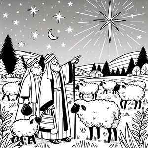 Experience the serene beauty of Shepperd's pointing out the Star of Bethlehem. ALT Text: "Road to Bethlehem coloring book, Birth of Christ / Jesus coloring book of Nativity Scene and other images."