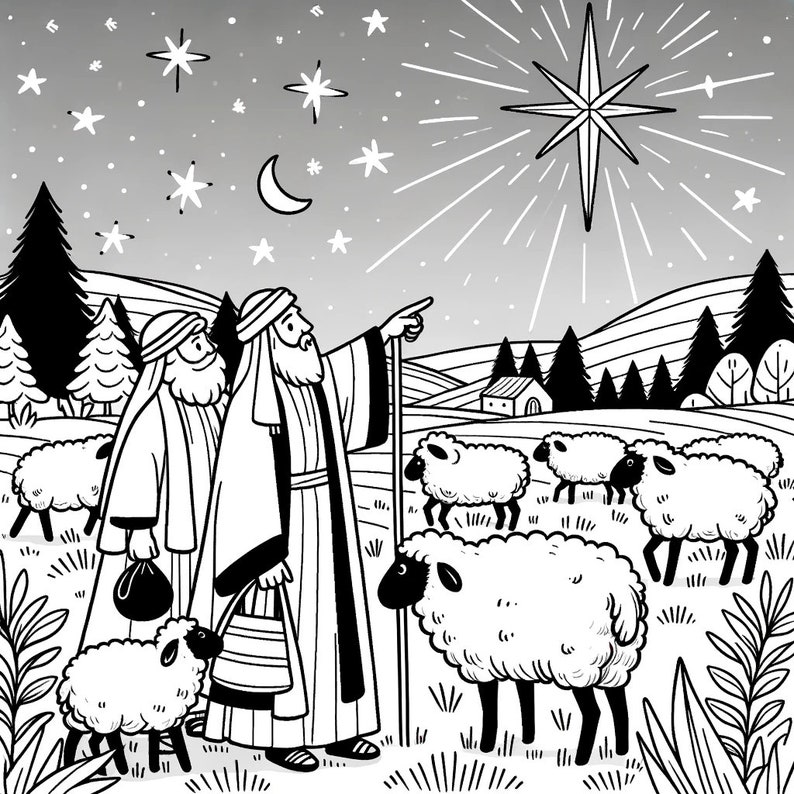 Experience the serene beauty of Shepperd's pointing out the Star of Bethlehem. ALT Text: "Road to Bethlehem coloring book, Birth of Christ / Jesus coloring book of Nativity Scene and other images."