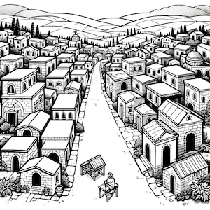 Experience the serene beauty of the town of Bethlehem. ALT Text: "Road to Bethlehem coloring book, Birth of Christ / Jesus coloring book of Nativity Scene and other images."