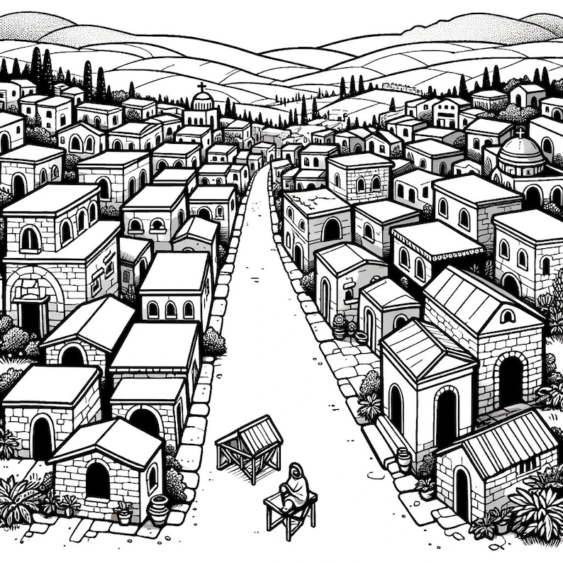 Experience the serene beauty of the town of Bethlehem. ALT Text: "Road to Bethlehem coloring book, Birth of Christ / Jesus coloring book of Nativity Scene and other images."