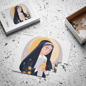 May include: A white jigsaw puzzle with a colorful illustration of a woman in a black habit holding a lit candle. The woman is surrounded by flowers and stars. The puzzle is partially assembled, with some pieces missing.
