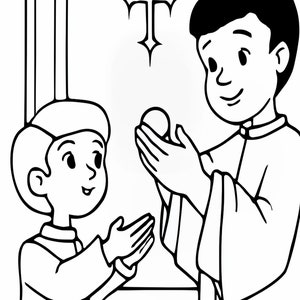 Pagina da colorare per la prima comunione - Pagina da colorare cattolica semplice per bambini piccoli - Regalo di attività religiosa per la prima comunione per bambini