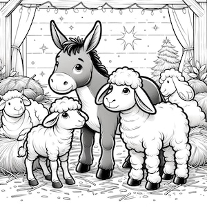 Experience the serene beauty of animals surrounding the manger. ALT Text: "Road to Bethlehem coloring book, Birth of Christ / Jesus coloring book of Nativity Scene and other images."