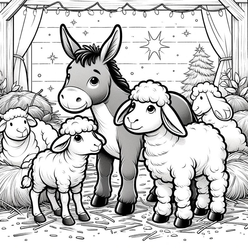 Experience the serene beauty of animals surrounding the manger. ALT Text: "Road to Bethlehem coloring book, Birth of Christ / Jesus coloring book of Nativity Scene and other images."