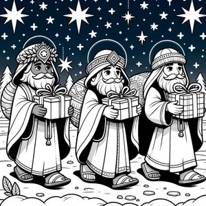 Coloring book for kids with the Three Wise Men bringing gifts to baby Jesus. ALT Text: "Road to Bethlehem coloring book, Birth of Christ / Jesus coloring book of Nativity Scene and other images."