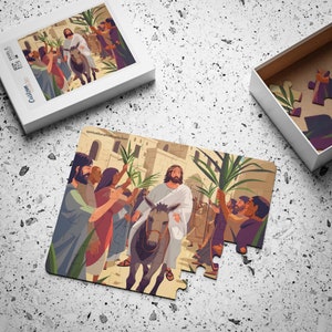 May include: A jigsaw puzzle depicting a scene from the Bible, showing Jesus riding a donkey through a crowd of people holding palm branches. The puzzle is made of wood and has a colorful illustration.