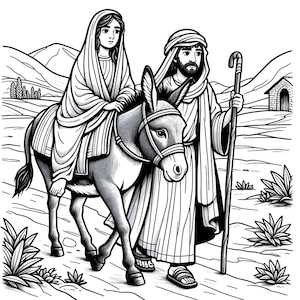 Experience the serene beauty of the Road to Bethlehem with Joseph and Mary. ALT Text: "Road to Bethlehem coloring book, Birth of Christ / Jesus coloring book of Nativity Scene and other images."