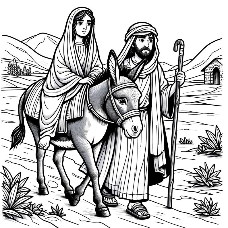 Experience the serene beauty of the Road to Bethlehem with Joseph and Mary. ALT Text: "Road to Bethlehem coloring book, Birth of Christ / Jesus coloring book of Nativity Scene and other images."