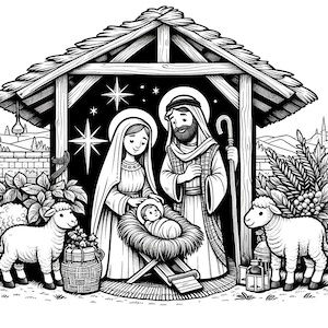 Experience the serene beauty of the Nativity Scene and Birth of Christ coloring book. ALT Text: "Road to Bethlehem coloring book, Birth of Christ / Jesus coloring book of Nativity Scene and other images."