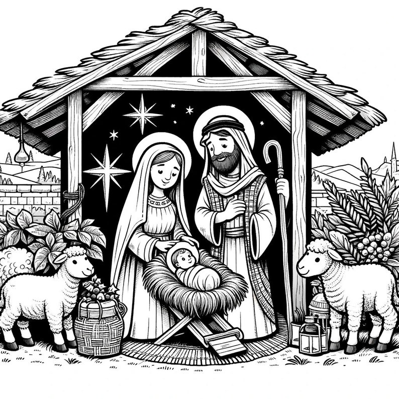 Experience the serene beauty of the Nativity Scene and Birth of Christ coloring book. ALT Text: "Road to Bethlehem coloring book, Birth of Christ / Jesus coloring book of Nativity Scene and other images."