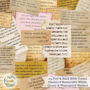 May include: A set of 24 peel and stick Bible verse stickers. The stickers are white, glossy, and waterproof. The stickers feature various Bible verses and quotes on a vintage background. The text on the stickers includes "For I know the plans I have for you", "Love the Lord your God", "Let your light shine before others", and "The Lord is my shepherd".