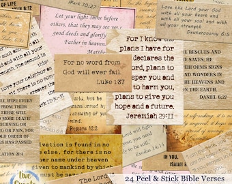 May include: A set of 24 peel and stick Bible verse stickers. The stickers are white, glossy, and waterproof. The stickers feature various Bible verses and quotes on a vintage background. The text on the stickers includes "For I know the plans I have for you", "Love the Lord your God", "Let your light shine before others", and "The Lord is my shepherd".