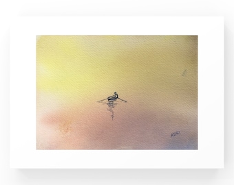 Original Aquarellmalerei. Ruhiger Meerblick mit einem Boot bei Sonnenuntergang. Minimalistische moderne zeitgenössische Hausdekoration. Galerie Wand Kunst Geschenk.