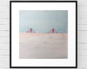 San Francisco Golden Gate Bridge, California. Original, watercolor painting. Gallery wall art set gift set. Modern house decor.