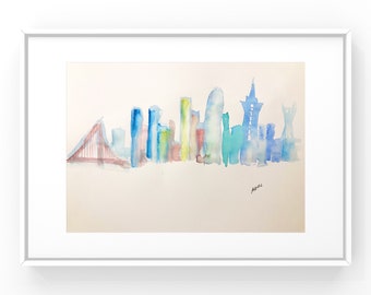 San Francisco skyline study. California. Original watercolor painting. Gallery wall art set gift. House decor.