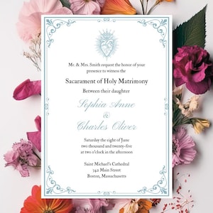 Catholic Wedding Invitation Sacred Heart, Catholic Vintage Wedding Editable Invitation