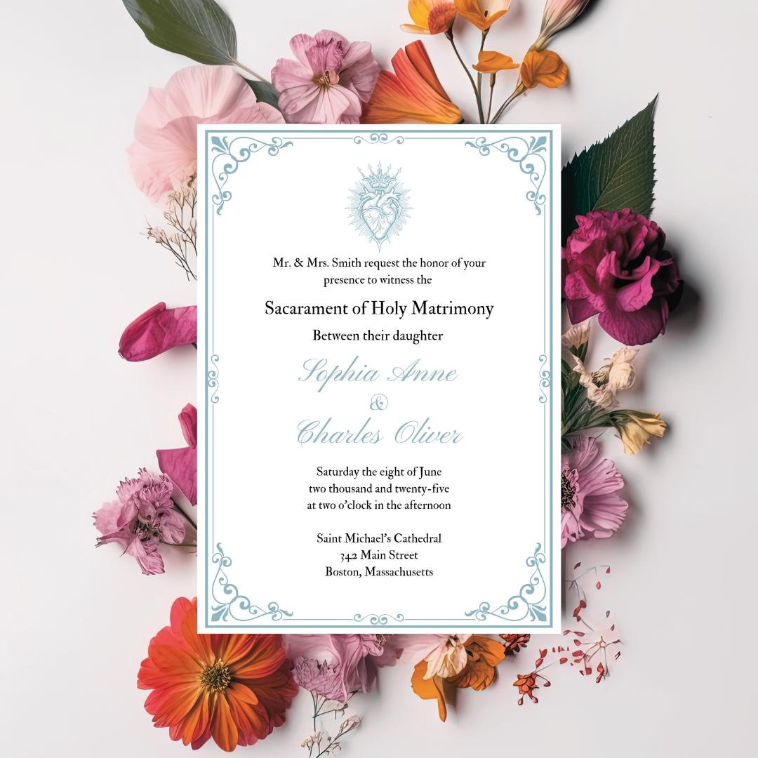 Sacred Heart Catholic Wedding Invitation, Vintage Editable Template