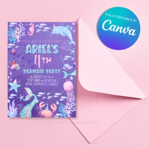 ARIEL Mermaid Birthday Invitation 5x7 Print | Canva Editable Template | MPG 7-23-1