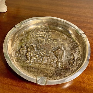 Brass Repousse Ashtray with Musicians. HJ Denmark Silver Plate. Rare Collectable