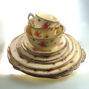 Antique Crown Ducal Rose Sets or Replacement Plates, Teacups, Coffee Cups, Creamer and Sugar Bowl. Ditzy Rose Pattern. C.1900-1919