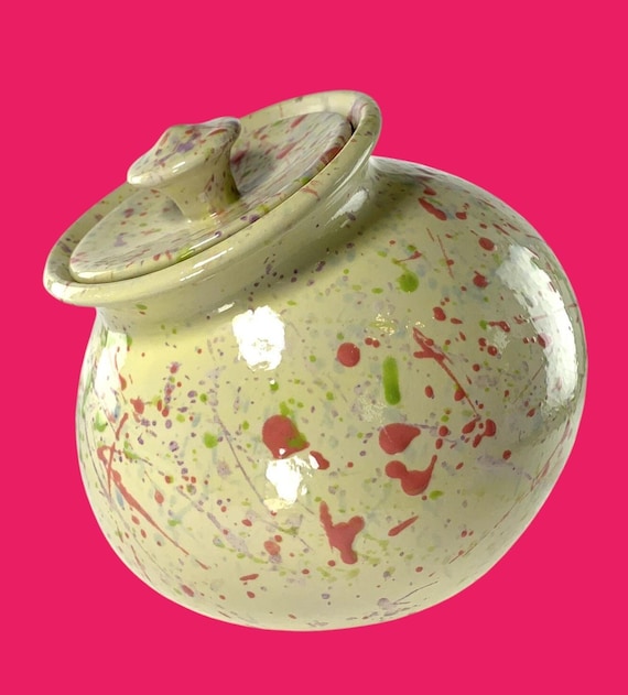 Vintage Spatterware Cookie Jar Ceramic Flour Storage Canister Yellow Pink Green