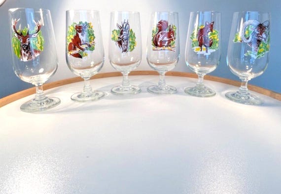1970s German Beer Glasses With Animals 6 Vintage Water or Juice Glasses Unused