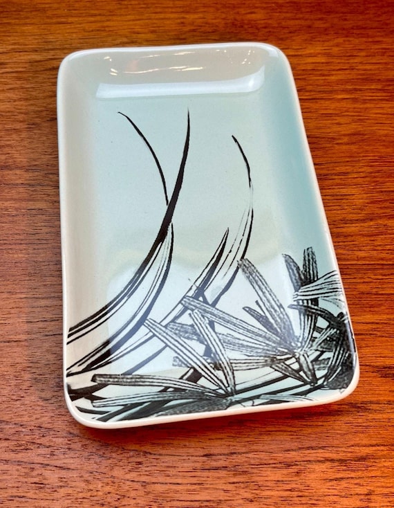 Bloomingville Rectangular Ceramic Tray Scandi Minimalist Mint & Black Botanical