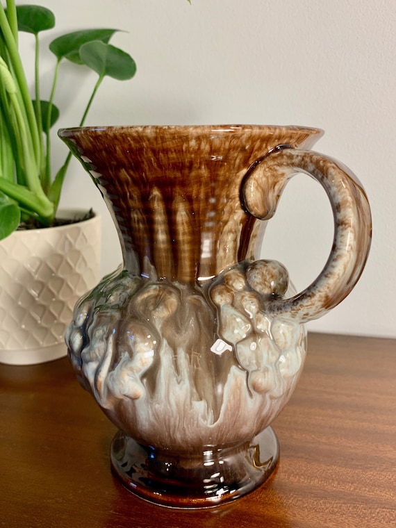 German Drip Glaze Jug Vase Mid Century Design with Fruit and Vines Detailing