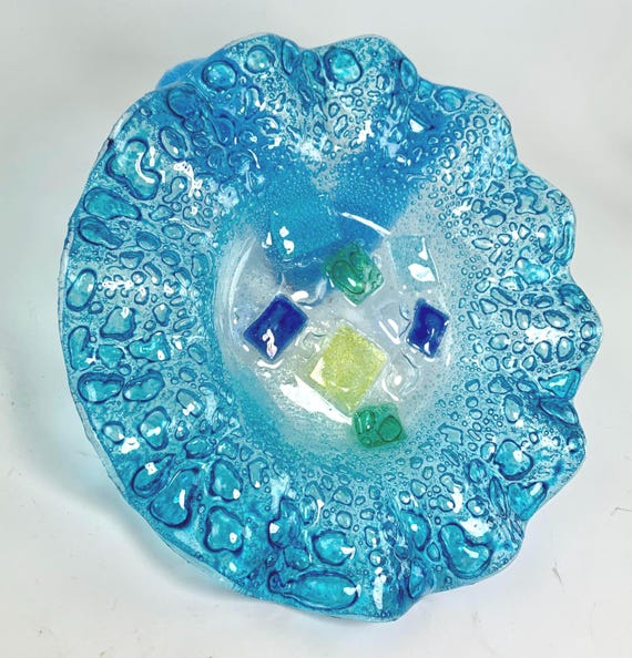 Mid Century Murano Controlled Bubble Dish in Blue Venetian Glass & Mosaic Tile