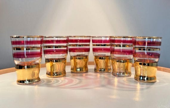6 Mid Century Cranberry Glass & Gold Detail Cordial Glasses. Vintage Barware