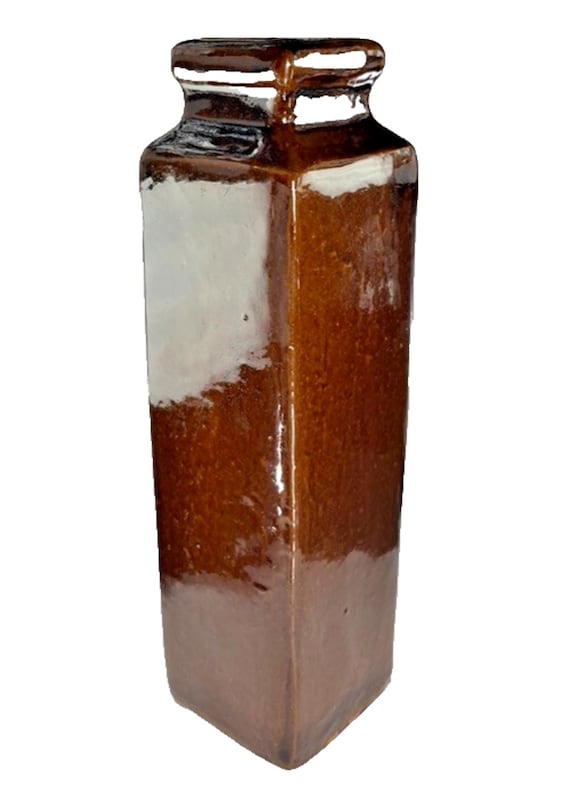 Mid Century Slab Pottery Vase Brown Treacle Glaze. 31cm x 8.5cm 2.2kg Stoneware