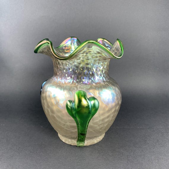 Art Nouveau Kralik Martele Vase in Iridescent Green & White with Ruffled Edge