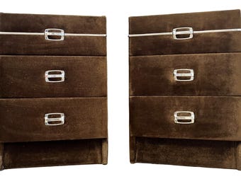 Brown Velvet Bedside Cabinets Pair 3 Drawer Glass Top Retro Side Tables