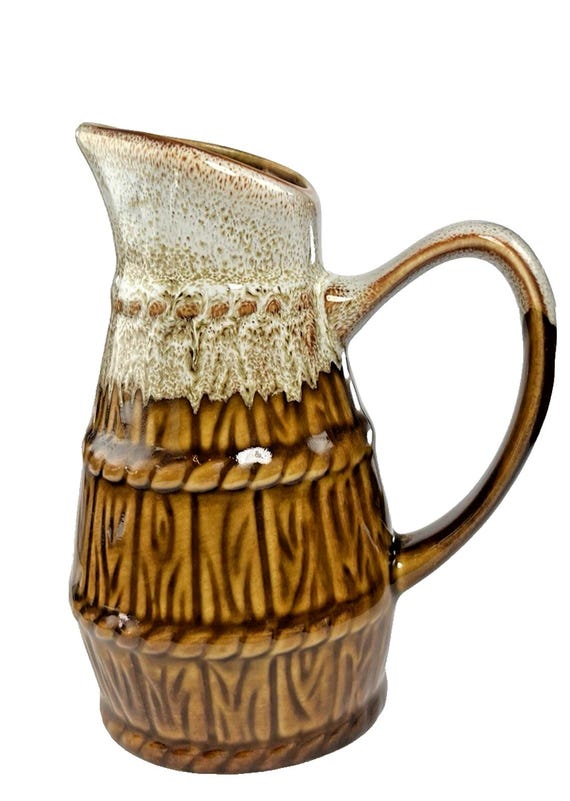 Mid Century Bistro Jug. Small Whisky Jug, Milk Jug, Water Jug, Brown & Cream Drip Glaze 13cm