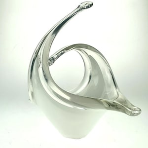 Mid Century Art Glass Basket Bowl: Clear & White Hand-Blown Sculpture